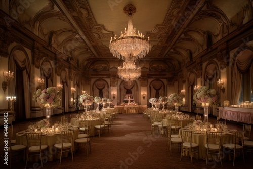 Vintage European grand ballroom adorned with intricate details and luxury. Generative AI