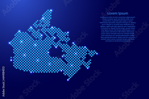 Canada map from futuristic blue checkered square grid pattern and glowing stars for banner, poster, greeting card