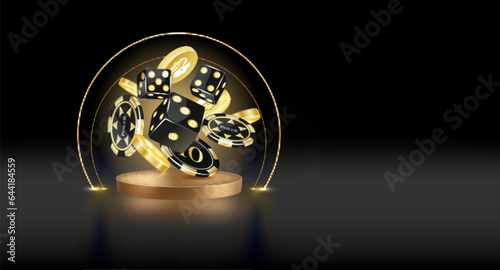 Online casino, black banner with welcome bonus, button, gold casino playing cards, dice and poker chips on gold podium with yellow neon ring on background