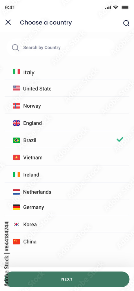 Choose Country, State, Nation, Province, Language and Region Screens App UI Kit Template