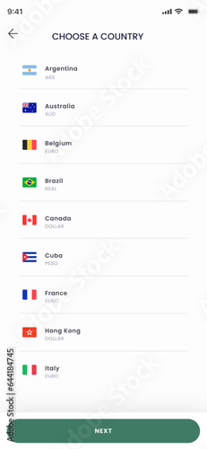 Choose Country, State, Nation, Province, Language and Region Screens App UI Kit Template