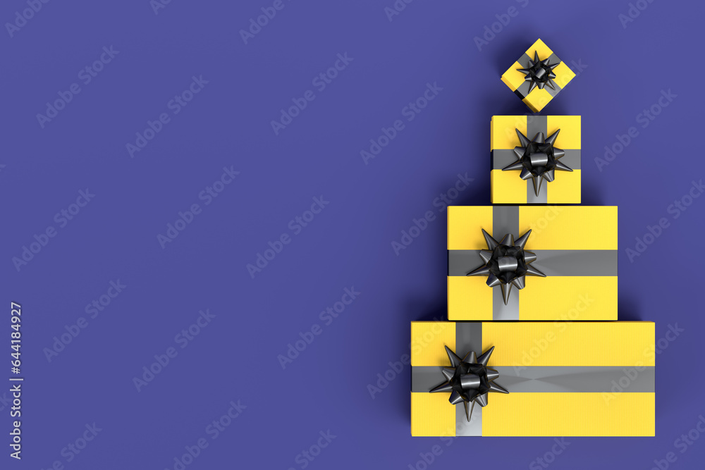 Gift boxes with ribbon and bow for Merry Christmas flying and falling on violet Gift boxes with ribbon and bow for Merry Christmas flying and falling on violet