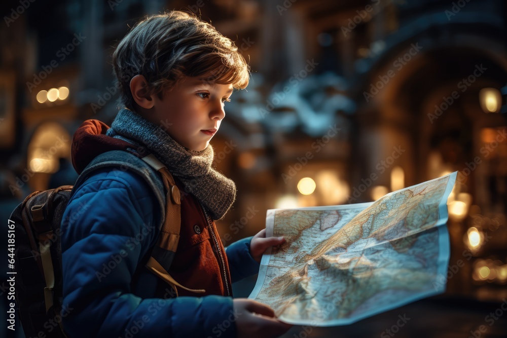 Child with a map, locations lighting up as memories - Recollection journey - AI Generated