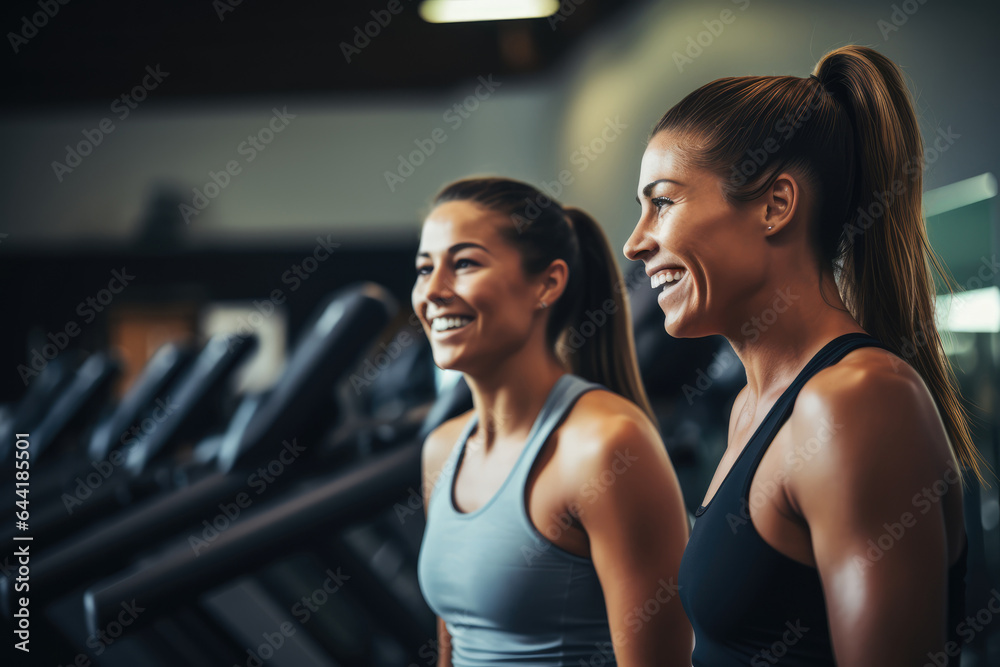 Two women training together in the gym, encouraging each other - Fitness and friendship - AI Generated