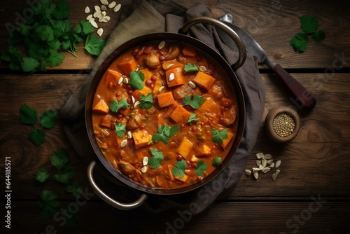 Top view of vegetarian madras curry stew with sweet potatoes & cashew nuts in saucepan, with copy space. Generative AI