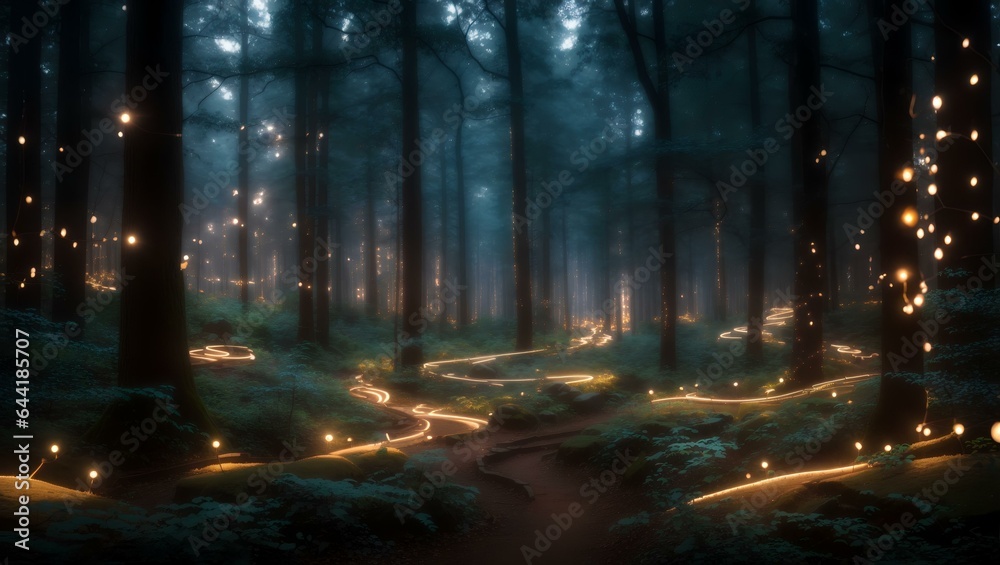 An elegant and intricate scene of a forest filled with glowing lights with smooth curves and sharp focus An elegant and intricate scene of a forest filled with glowing lights with smooth curves and sharp focus