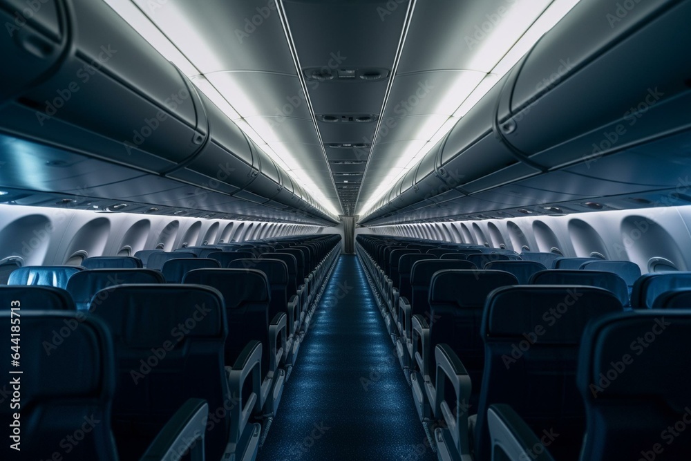 Dimmed plane cabin with aligned seats and narrow passageway. Generative AI