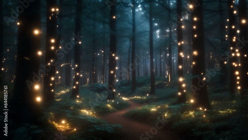 An elegant and intricate scene of a forest filled with glowing lights with smooth curves and sharp focus © abdilahe