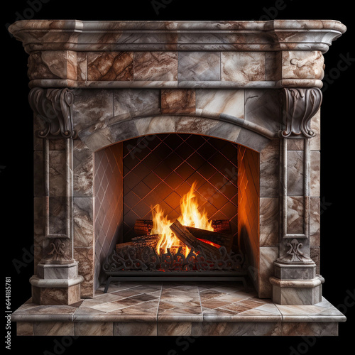 Marble fireplace with burning logs Used to give an idea about a particular product
