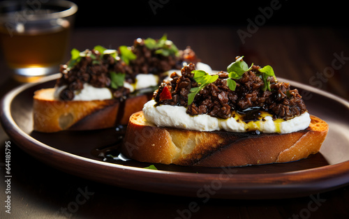 Imaginative twist on a plate of olive tapenade and marshmallow bruschetta. Sweet treat served on a crunchy bruschetta. Concept of inspiration of flavors and combinations.