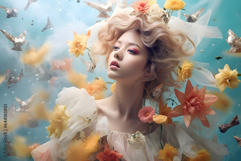 Asian woman in a flower field, ambient fantasy, perfect ideal pure silky face cosmetology concept, yellow flowers.