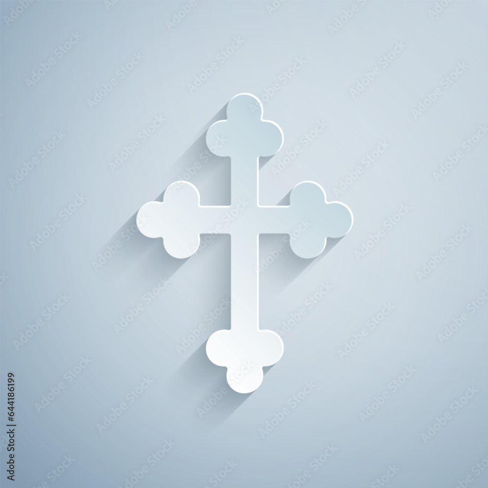 Paper cut Christian cross icon isolated on grey background. Church cross. Paper art style. Vector Paper cut Christian cross icon isolated on grey background. Church cross. Paper art style. Vector