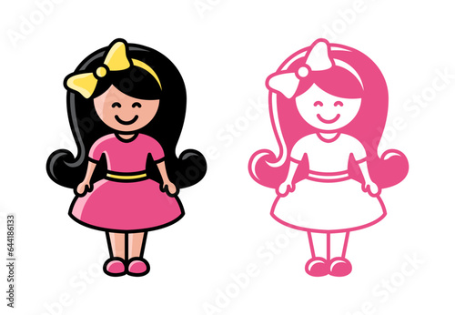 little cute princess doll girl wearing pink dress and yellow bow