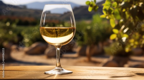 A refreshing glass of white wine on a rustic wooden table