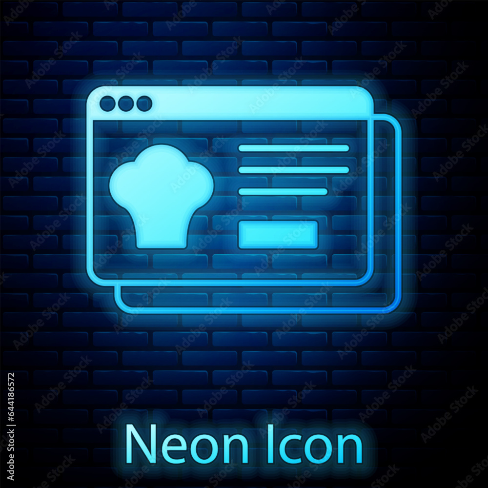 Glowing neon Online ordering and fast food delivery icon isolated on brick wall background. Vector Glowing neon Online ordering and fast food delivery icon isolated on brick wall background. Vector