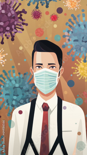 Illustration of Professional Businessman or Scientist Wearing Face Mask with Virus Cells Background, COVID-19 Pandemic Generative AI