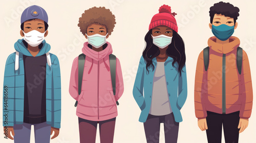 Illustration of Diverse Group of Teen Children Wearing Masks and Social Distancing Generative AI
