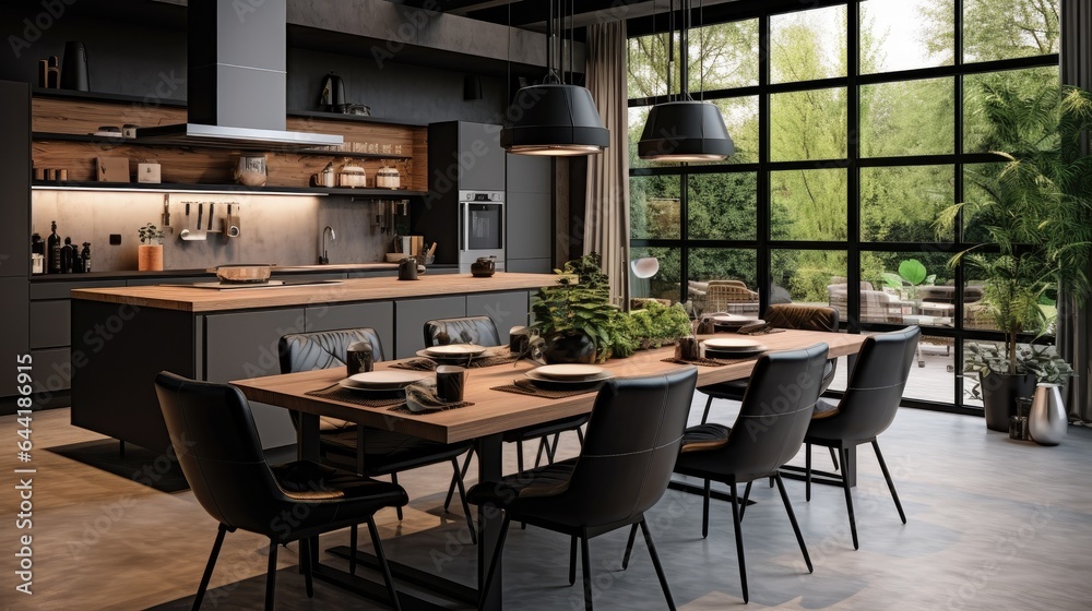 a large kitchen with contemporary interior design. beauty of a wooden table and chic chairs that give the home character