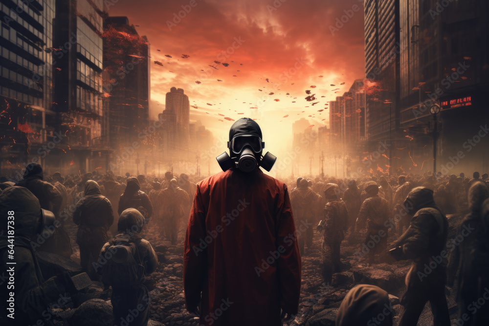 Person in Hazmat Breathing Mask Suit with Toxic Red Glowing City in the Background, Apocalyptic End of the World Contagion Generative AI