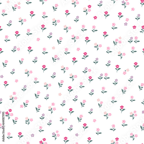 Cute floral pattern of small flowers. Seamless vector texture. An elegant template for fashionable prints. Print with small pink, fillet and fuchsia flowers. White background. Stock print.