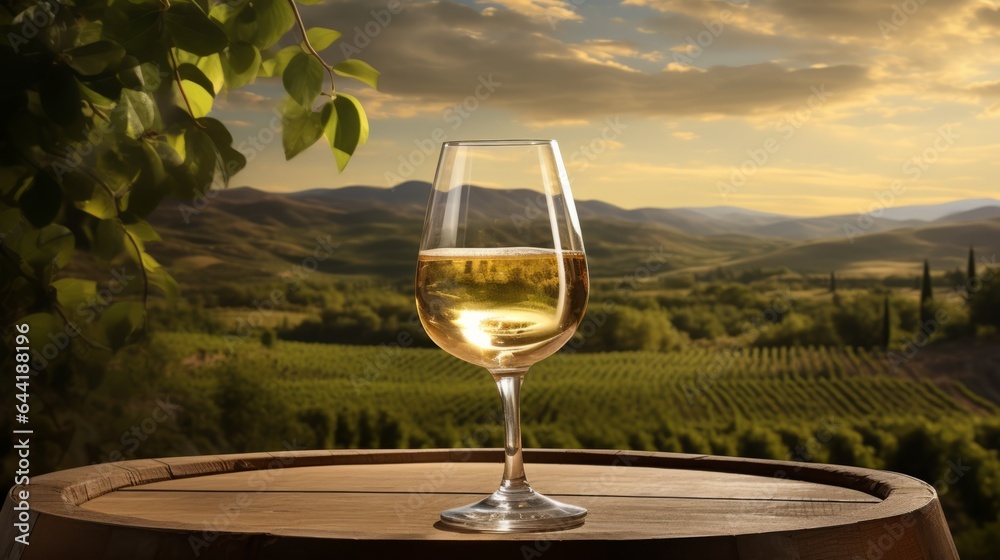 Obraz premium A glass of wine resting on a barrel, showcasing the beauty of wine production