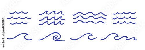 Set of line blue water waves icons. Simple line drawings isolated on white background.