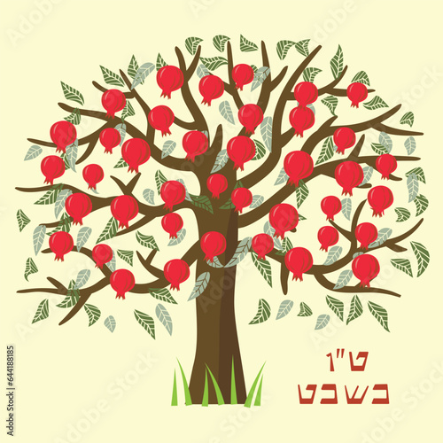 Fiat Illustration with a pomegranate tree. Tu Bishvat Holiday. New Year for Trees. Fruits. for invitations, postcards, posters