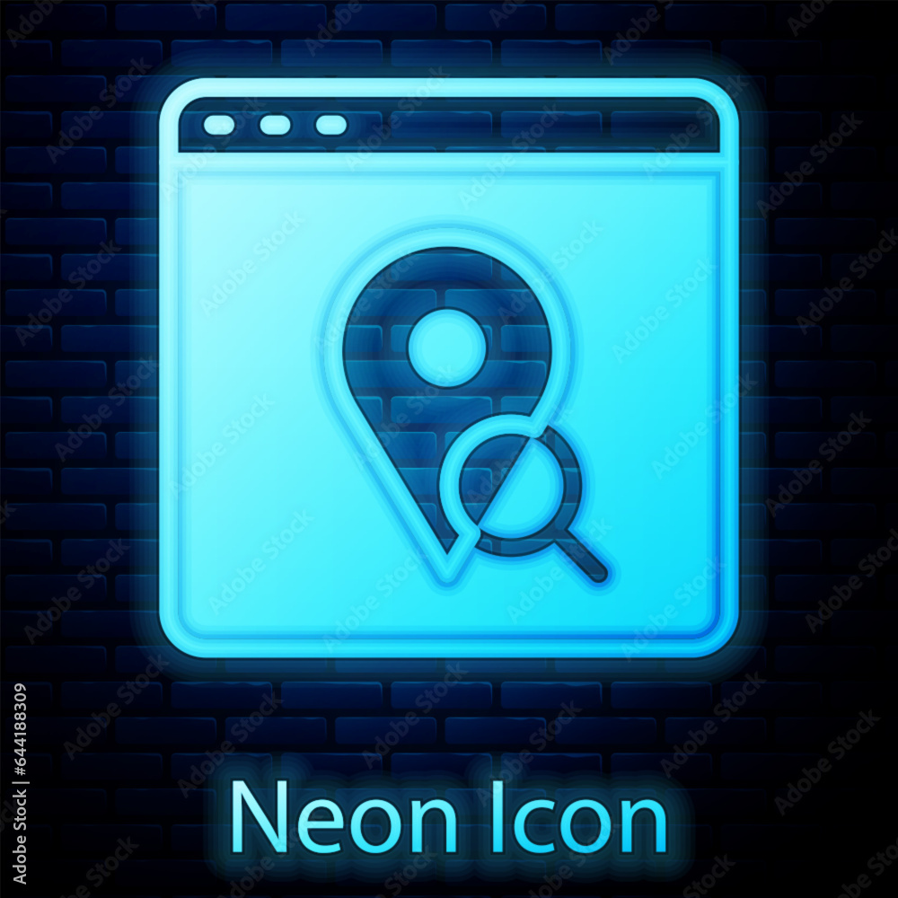 Glowing neon Infographic of city map navigation icon isolated on brick wall background. Mobile App Interface concept design. Geolacation concept. Vector Glowing neon Infographic of city map navigation icon isolated on brick wall background. Mobile App Interface concept design. Geolacation concept. Vector