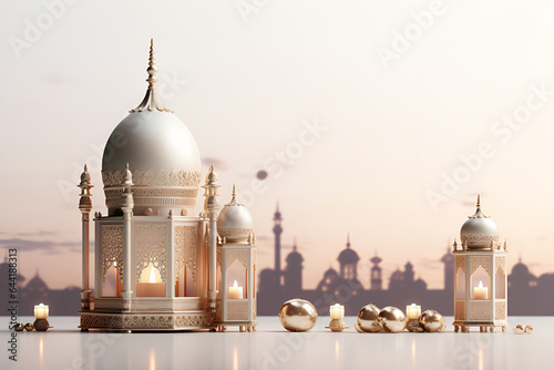 Arabic lantern with a candle on a light background 8 Fototapet