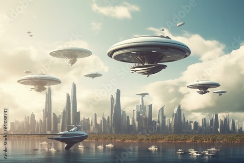 An image showing a modern urban landscape with futuristic buildings and alien spaceships floating in the sky. Generative AI