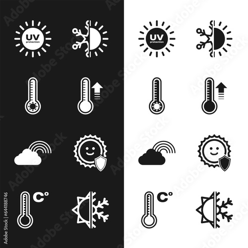 Set Meteorology thermometer, UV protection, Sun and snowflake, Rainbow with cloud, and icon. Vector