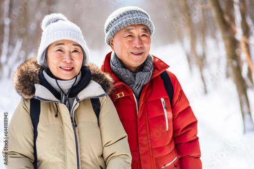 Asian best agers enjoying a winter walk, snowy forest. Asian senior couple walking in a forest, snow falling. Happiness of being outdoors and having mobility. 