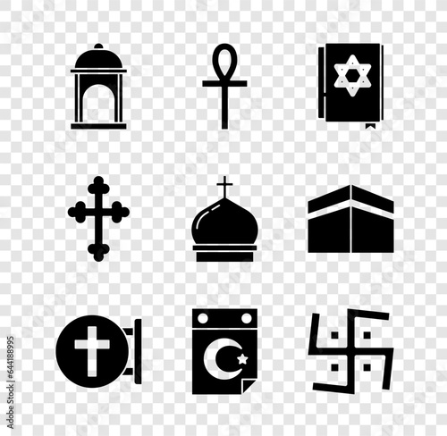 Set Muslim Mosque, Cross ankh, Jewish torah book, Christian cross, Star and crescent, Hindu swastika, and Church tower icon. Vector