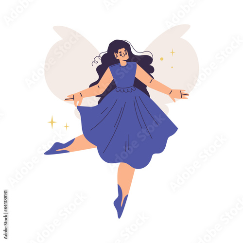 Beautiful Woman Fairy with Wings in Purple Dress Fluttering Around Vector Illustration
