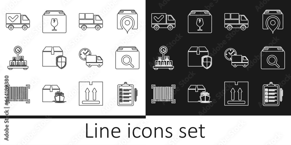 Set line Verification of delivery list, Search package, Delivery truck with boxes, security shield, Scale cardboard, check mark, and clock and fragile content icon. Vector