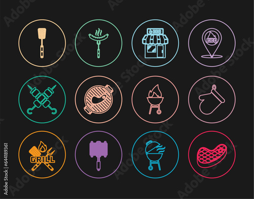 Set line Steak meat, Oven glove, Barbecue shopping building, grill with steak, Grilled shish kebab, spatula, and Sausage on the fork icon. Vector