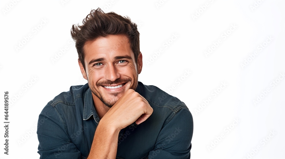 Masculine handsome young man smiling and touching face with hand ,in a studio isolated on white background, with copy space. Masculine handsome young man smiling and touching face with hand ,in a studio isolated on white background, with copy space.