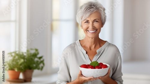Aged woman smiling happily and holding a healthy vegetable salad bowl on blurred kitchen background, with copy space.