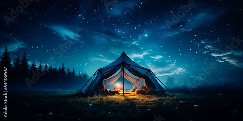 A light up tent under a full sky of stars