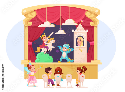 Children in Theater Play Performance Wearing Costumes Performing on Stage Vector Illustration
