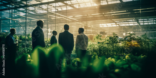 Employees discussing while walking in the greenhouse farm