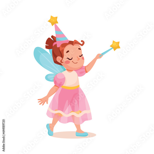 Little Girl in Theater Performance Wearing Fairy Costume Performing on Stage Vector Illustration