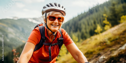 Portrait of senior woman bike riding in mountains on easy bike trail, during summer vacation