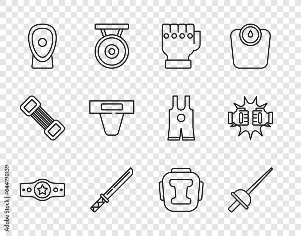 Set line Boxing belt, Fencing, MMA glove, Japanese katana, training paws, Groin guard, helmet and Punch boxing gloves icon. Vector Set line Boxing belt, Fencing, MMA glove, Japanese katana, training paws, Groin guard, helmet and Punch boxing gloves icon. Vector