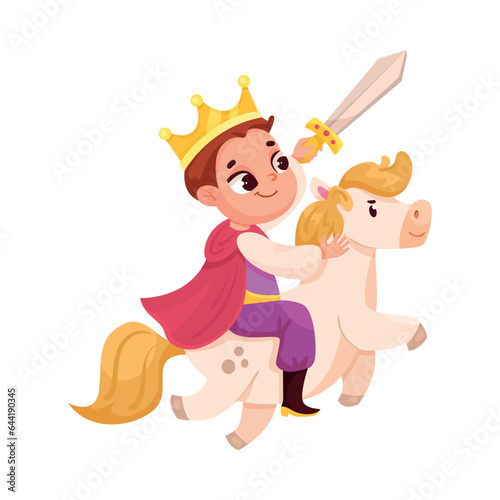 Little Boy in Theater Performance Wearing Prince Costume on Horse Performing on Stage Vector Illustration
