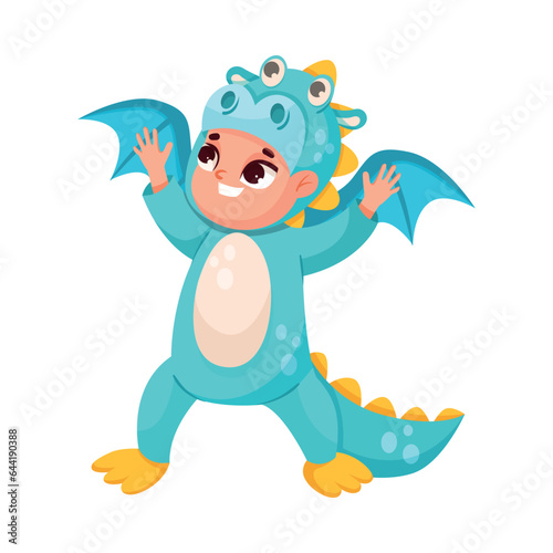 Little Boy in Theater Performance Wearing Dragon Costume Performing on Stage Vector Illustration