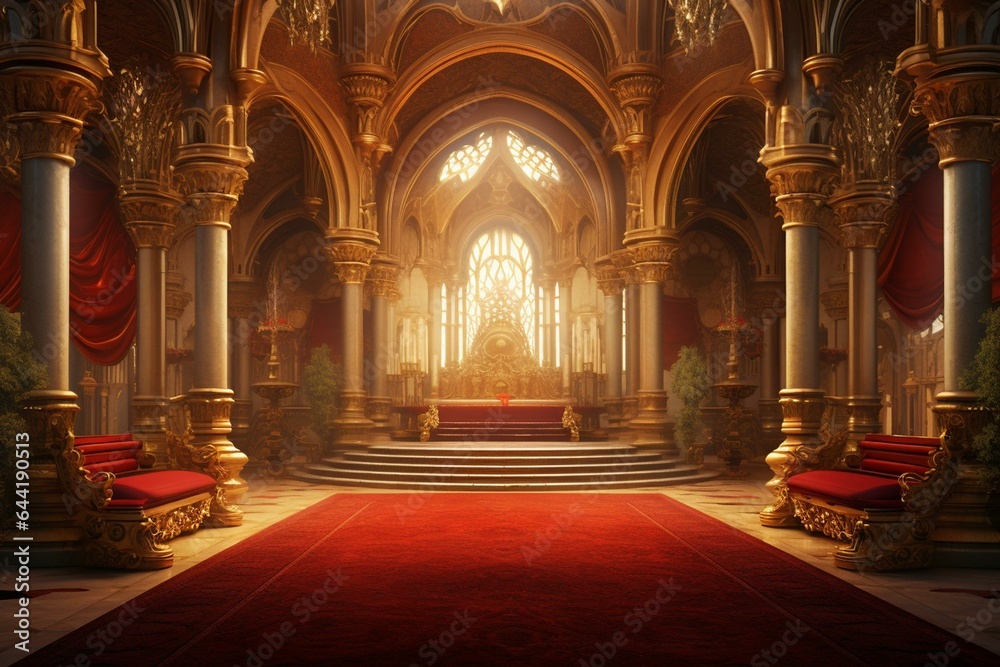A vivid depiction of a majestic golden red palace interior with a fantasy touch, serving as a backdrop for fiction, castle, or royal settings. Generative AI