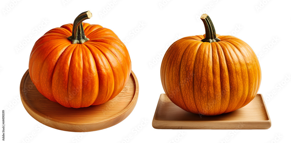 Different angle set of Two Pumpkin on wooden plate, platter isolated on transparent background.