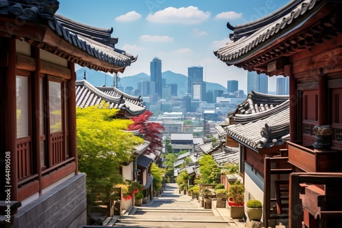 Bukchon Hanok Village nestled under Seoul's towering skyline. Generative AI photo