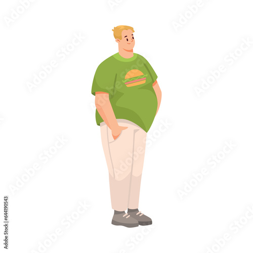 Fat Man Character with Full Body and Obesity Standing and Smiling Vector Illustration